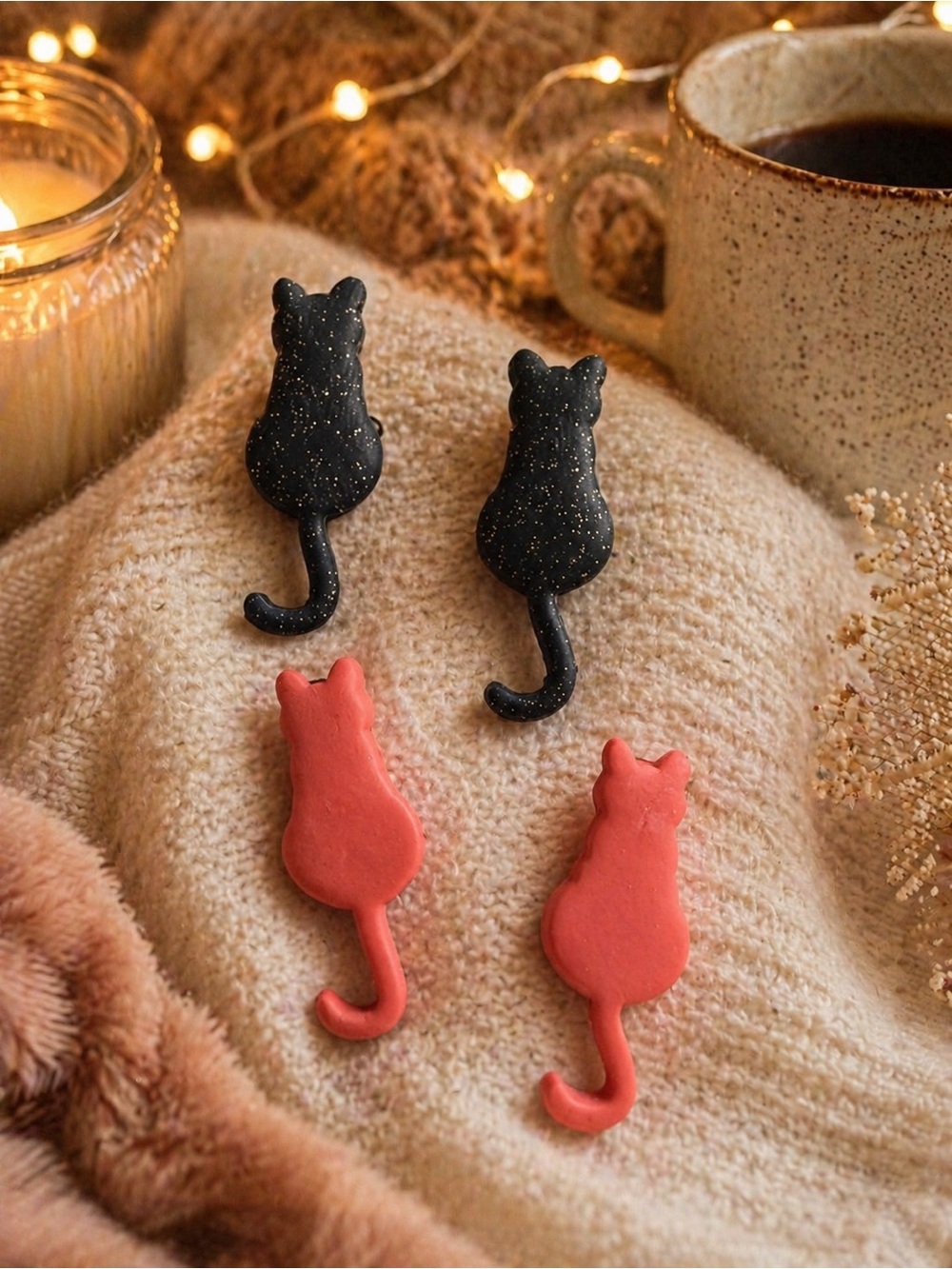 Cat Tail Handmade Polymer Clay Earrings - Black Glitter & Coral Pink